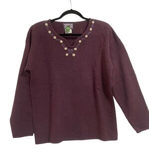 April Cornell V Neck‎ Floral Embroidery Purple Pullover Sweater Size S